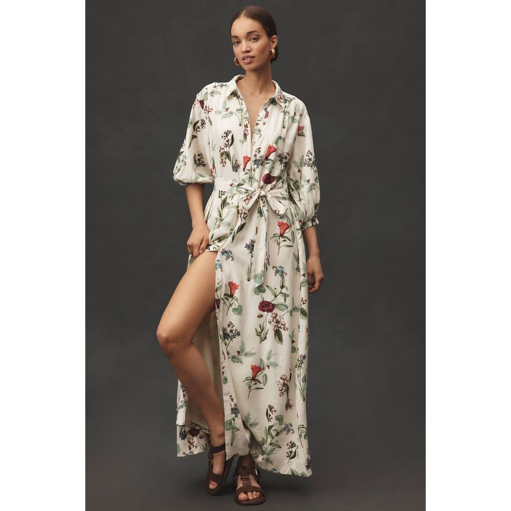 Anthropologie Cream Floral Maxi Shirt Dress